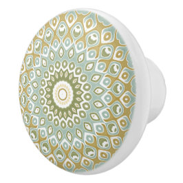 Jordnära mandala i grönt, guld och mjukt blått knopp