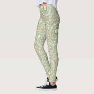 Jordnära mandala i grönt, guld och mjukt blått leggings