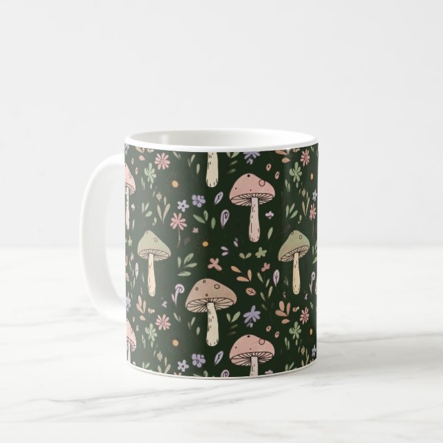 Jordnära Olivgrön Svamp Sömlös Mönster Rustik Kaffemugg (Framsida vänster)