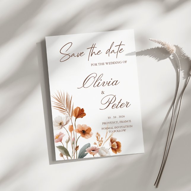 Jordnära Terrakotta Boho Vildblomma Spara Datum Inbjudningar (Skapare uppladdad)