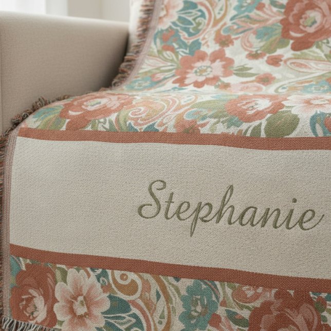 Jordnära terrakotta botanisk trädgård filt (Personalized heirloom floral throw blanket)