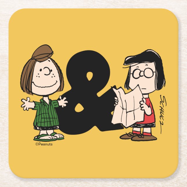 Jordnötter | Peppermint Patty & Marcie Underlägg Papper Kvadrat (Framsidan)