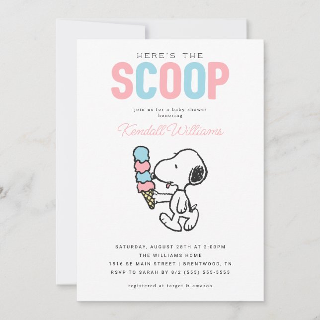 Jordnötter Snoopy | Här är skotten - babyskaren Inbjudningar (Framsida)