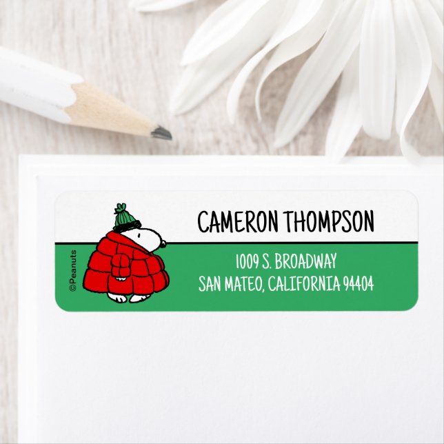 Jordnötter | Snoopy Red Puffer Jacka Returadress Etikett (Insitu)