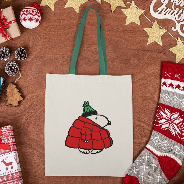 Jordnötter | Snoopy Red Puffer Jacka Tygkasse (Tote bag on table)