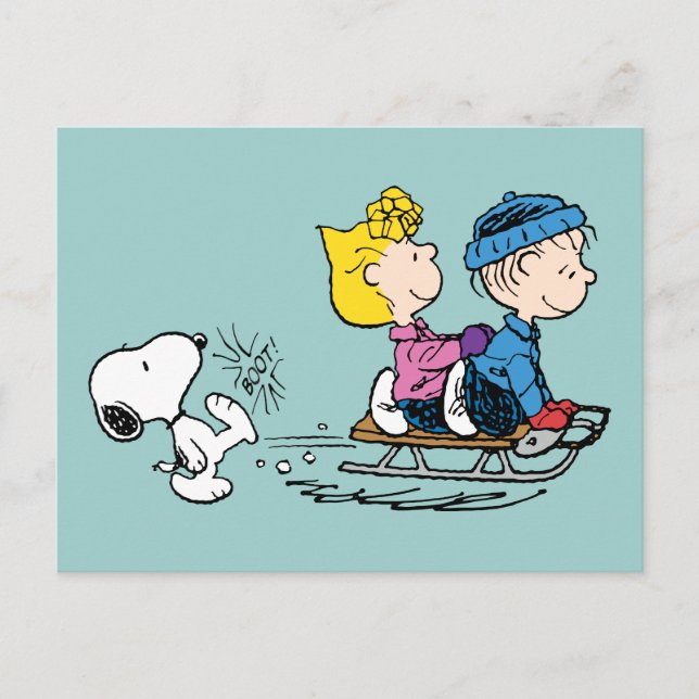 Jordnötter | Snoopy, Sally & Linus Sled Riding Helg Vykort (Framsida)