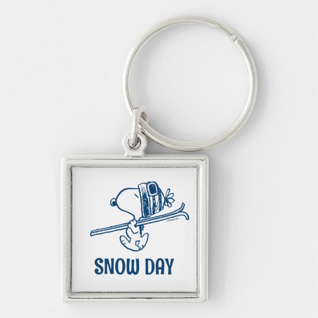 Jordnötter | Snoopy Ski Resa Fyrkantig Silverfärgad Nyckelring (Framsidan)