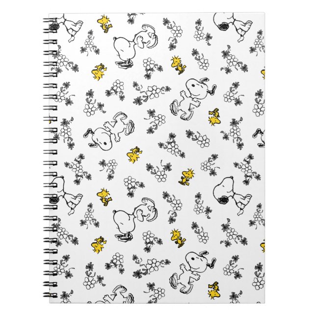 Jordnötter | Snoopy & Woodstock B&W Flower Mönster Anteckningsbok (Framsidan)