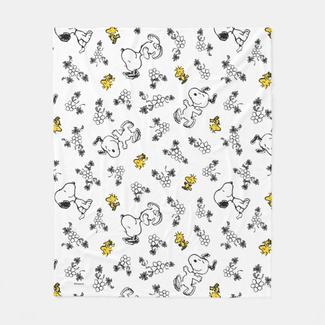 Jordnötter | Snoopy & Woodstock B&W Flower Mönster Fleecefilt (Framsidan)