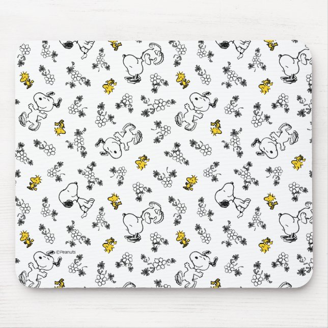 Jordnötter | Snoopy & Woodstock B&W Flower Mönster Musmatta (Framsidan)