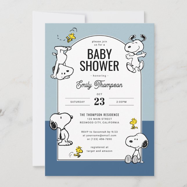 Jordnötter Snoopy & Woodstock Blue Baby Shower Inbjudningar (Framsida)