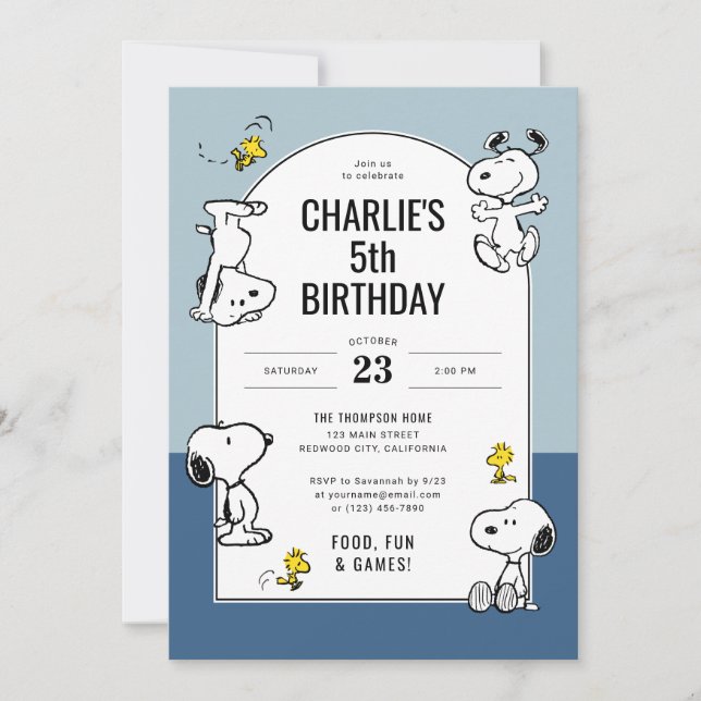 Jordnötter Snoopy & Woodstock Blue Birthday Inbjudningar (Framsida)