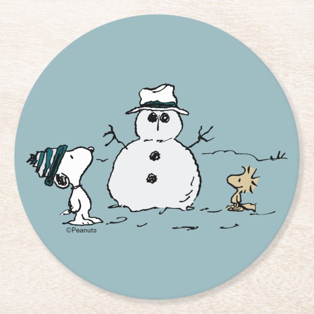 Jordnötter | Snoopy & Woodstock Bygger A Snögubbe Underlägg Papper Rund (Framsidan)