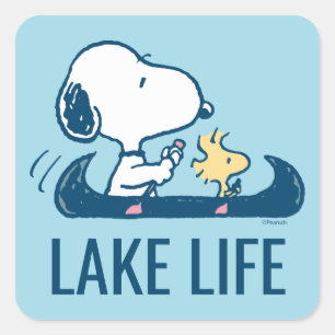 Jordnötter   Snoopy & Woodstock Canoe Fyrkantigt Klistermärke