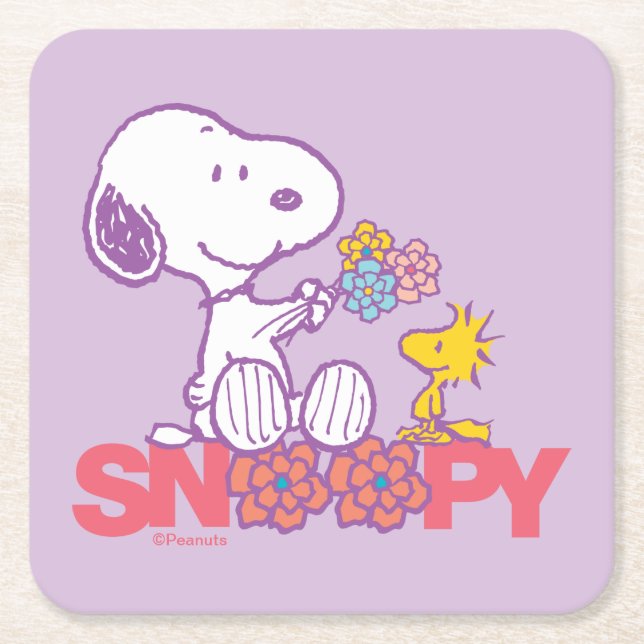 Jordnötter | Snoopy & Woodstock Flowers Underlägg Papper Kvadrat (Framsidan)
