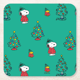 Jordnötter   Snoopy & Woodstock God Jul Mönster Underlägg Papper Kvadrat