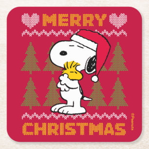 Jordnötter   Snoopy & Woodstock Jultomten Hug Underlägg Papper Kvadrat