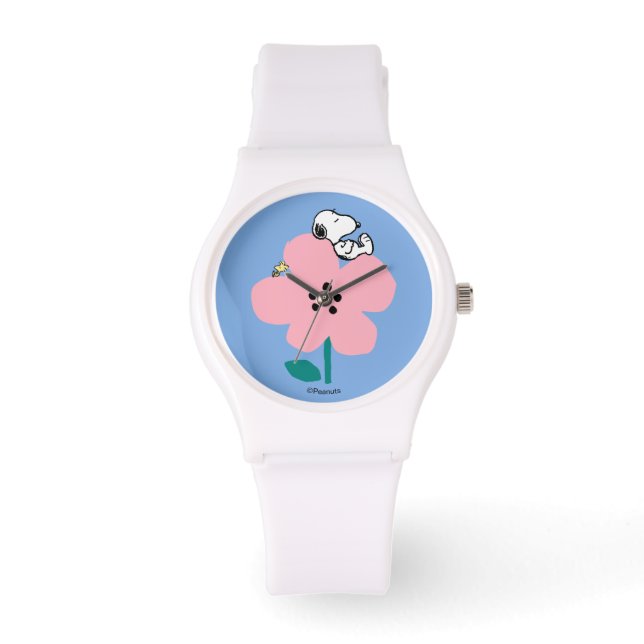 Jordnötter | Snoopy & Woodstock Nap på Rosa Flower Armbandsur (Framsida)