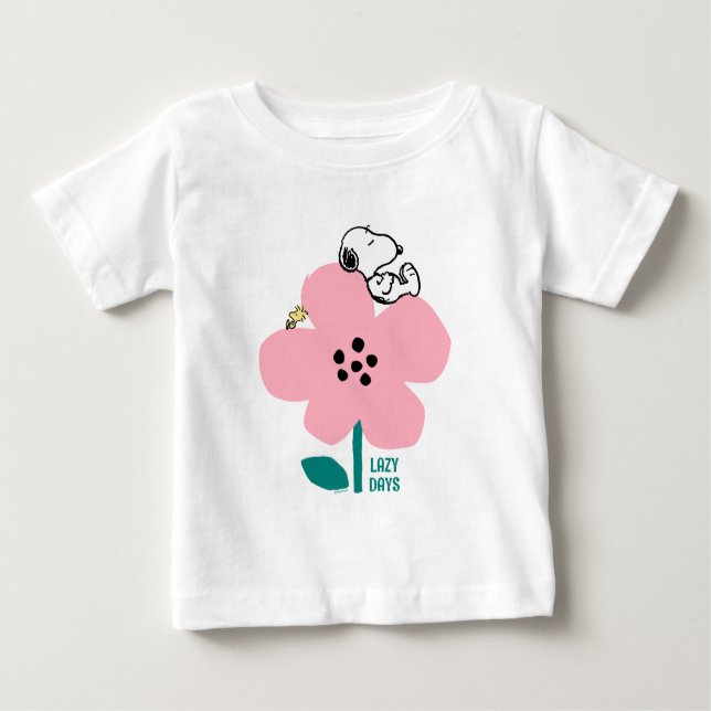 Jordnötter | Snoopy & Woodstock Nap på Rosa Flower T Shirt (Framsida)