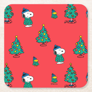 Jordnötter   Snoopy & Woodstock Red jul Mönster Underlägg Papper Kvadrat