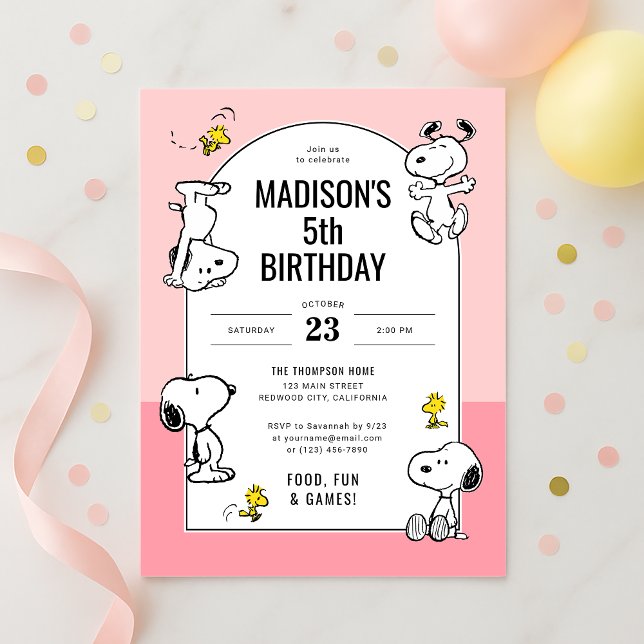 Jordnötter Snoopy & Woodstock Rosa Birthday Inbjudningar (Skapare uppladdad)