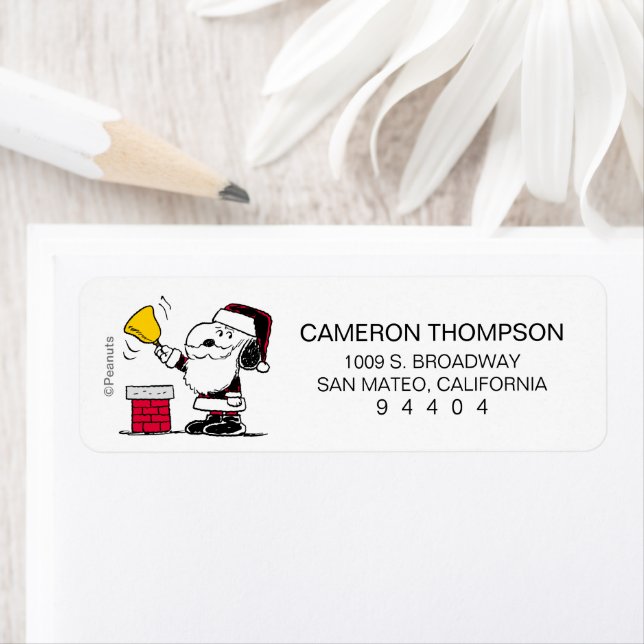 Jordnötter | Snoopy & Woodstock Santa Bell Ringer Returadress Etikett (Insitu)
