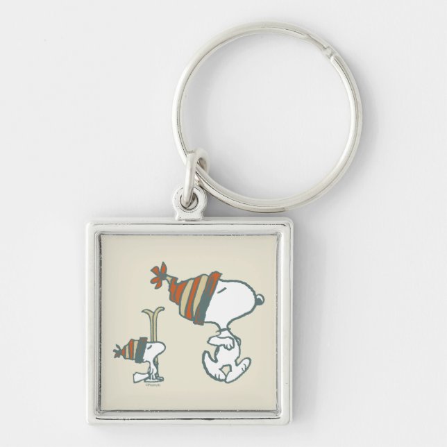Jordnötter | Snoopy & Woodstock Ski Resa Fyrkantig Silverfärgad Nyckelring (Framsidan)