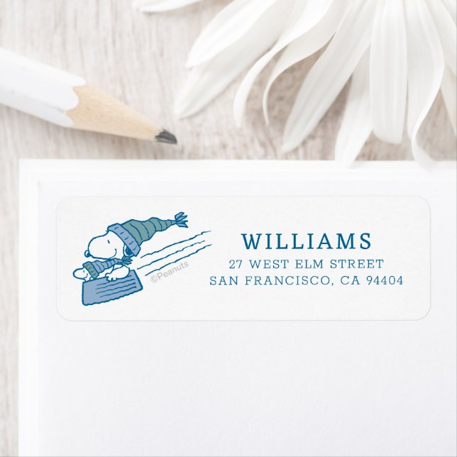 Jordnötter | Snoopy & Woodstock Sleding Returadress Etikett (Insitu)