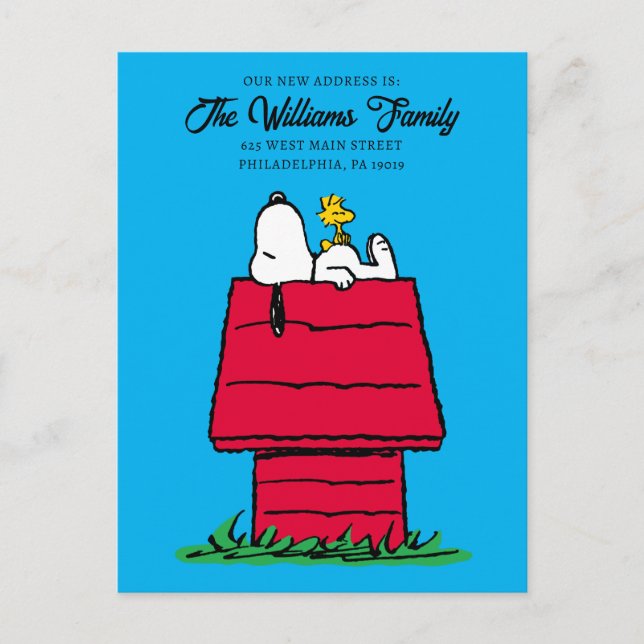 Jordnötter | Snoopy & Woodstock | Vi har Flyttat Vykort (Framsida)