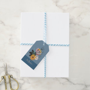 Jordtoner abstrakt blommor bouquet, monogram presentetikett