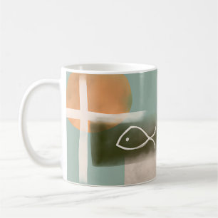 Jordtoner kors och fisk minimalistisk konst kaffemugg