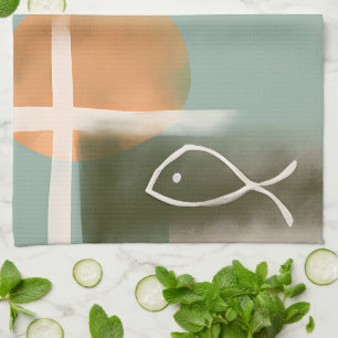 Jordtoner kors och fisk minimalistisk konst kökshandduk