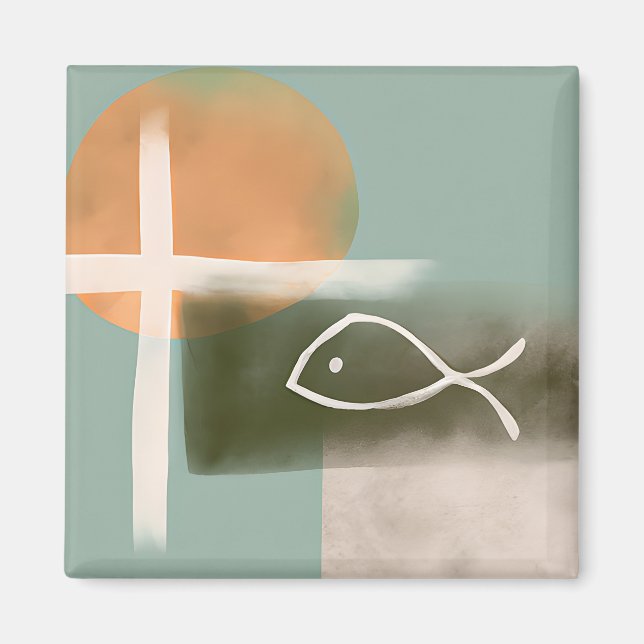 Jordtoner kors och fisk minimalistisk konst  magnet (Framsidan)