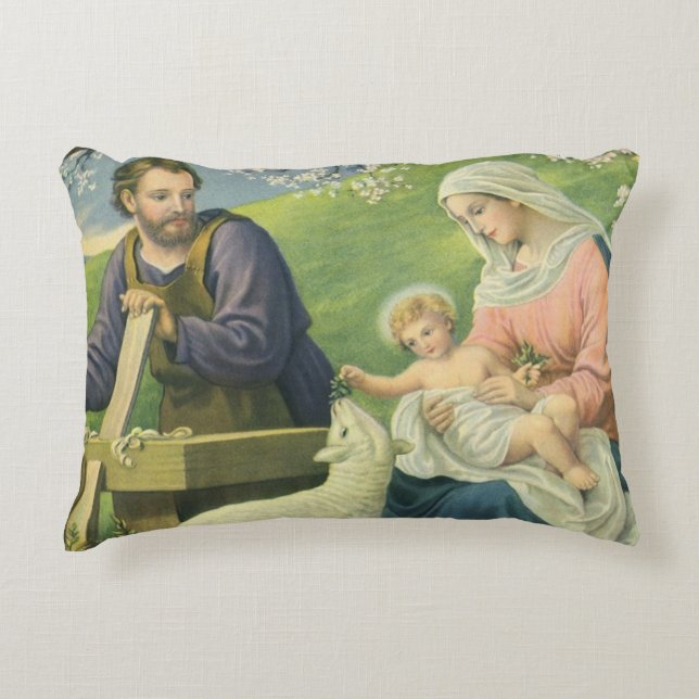 Josefs verkstad med Maria och Jesusbarnet Prydnadskudde (Framsidan)