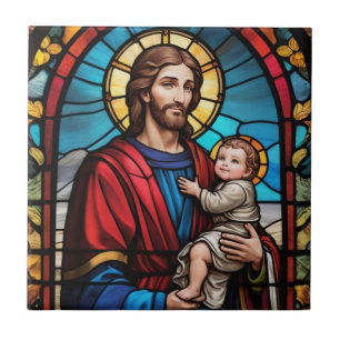 Joseph och Baby Jesus Christian Stached Glass Kakelplatta