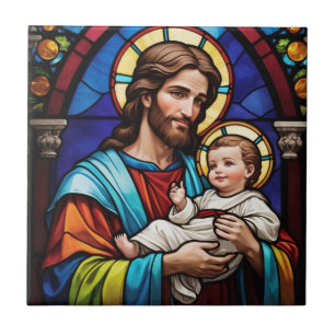 Joseph och Baby Jesus Christian Stached Glass Kakelplatta