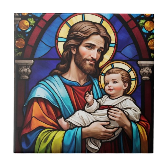 Joseph och Baby Jesus Christian Stached Glass Kakelplatta (Framsidan)