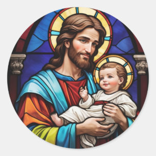 Joseph och Baby Jesus Christian Stached Glass Runt Klistermärke