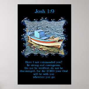 Josh 1:9 med en gammal båt i lugnens hav. poster