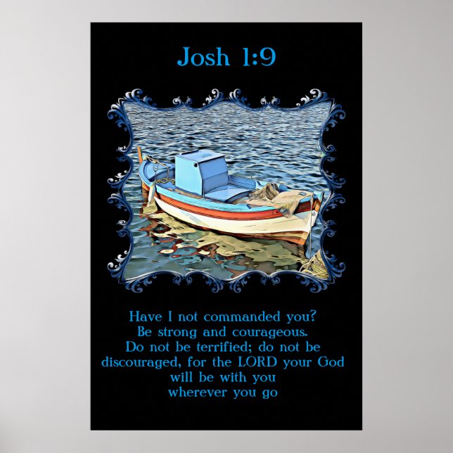 Josh 1:9 med en gammal båt i lugnens hav. poster (Framsidan)