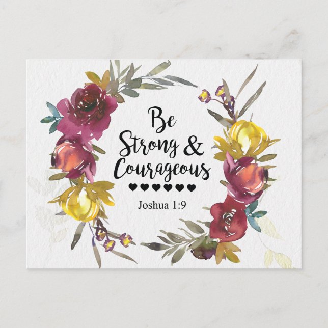 Joshua 1:9 Be Strong and Courageous Floral Wreath  Vykort (Framsida)