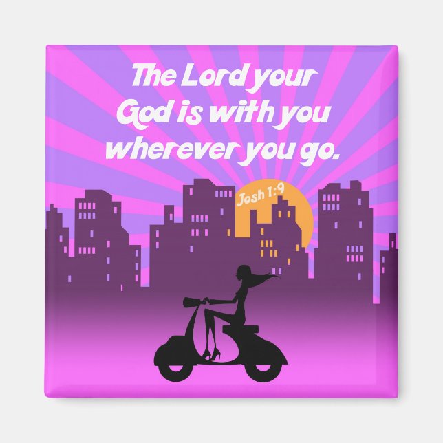 Joshua 1:9 Girl on Scooter w/Skyline - Bible Verse Magnet (Framsidan)