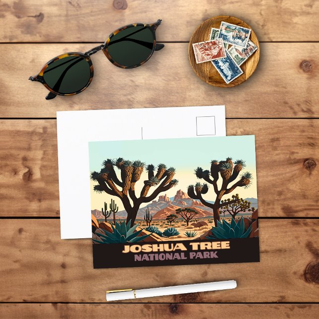 Joshua Träd nationalpark i Kalifornien Desert Vykort (Joshua Tree National Park postcard showing the rocky desert and Joshua Trees in this California Park)