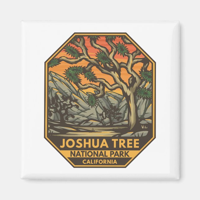 Joshua Träd nationalpark Sunset Retro Emblem Magnet (Framsidan)