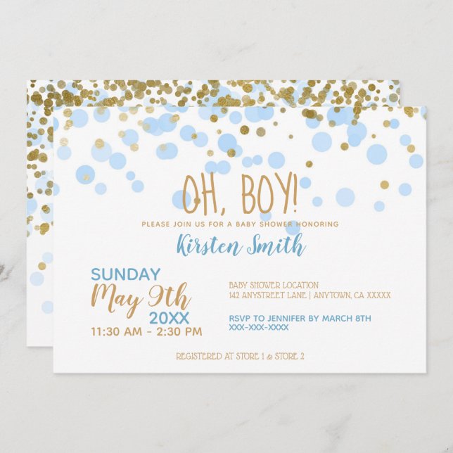 Jösses! Blå och Guld konfetti pojkvän-skuvel Inbjudningar (Fram/baksida)