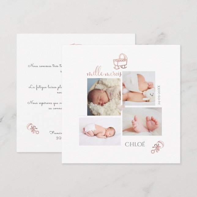 Jouets D'or ro Remerciement Naissance Fille-kort Inbjudningar (Fram/baksida)