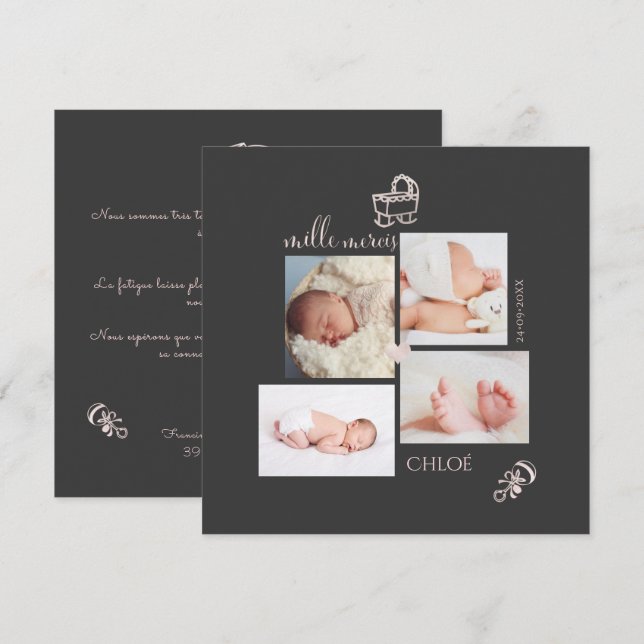 Jouets Ro Pâle Remerciement Naissance Fille-kort Inbjudningar (Fram/baksida)