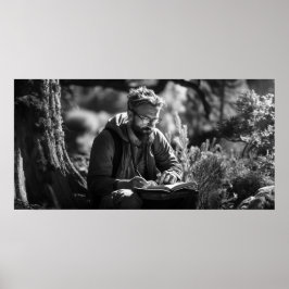 Journalföra ensam i skogen B&W-foto Poster