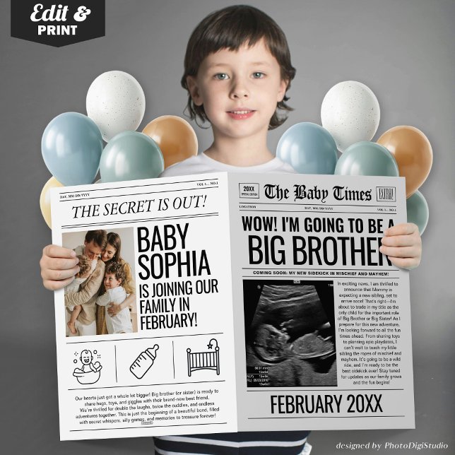 Journalkort för storebror-Gravid Kort (Fun Baby Announcement Newspaper, I'm Going to be A Big Brother Pregnancy Announcement Newspaper Card)