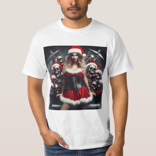Joven Mamá Noel con Calaveras Navideñas T Shirt (Framsida)
